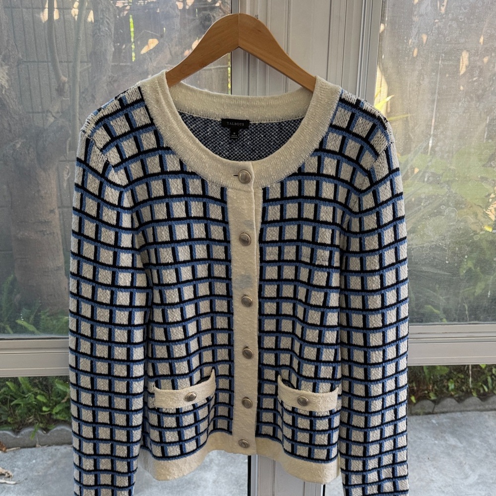 Talbots Cream and Navy Grid Knit Cardigan
